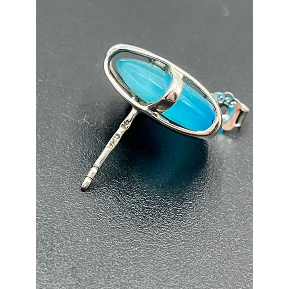 DOBBS 925 PE Sterling Silver Blue Stone Cabochon Pierced Earrings Vintage 5/8" - Picture 7 of 16